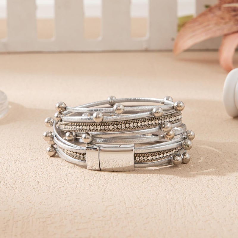 Rantanto Braid Leather Wrap Bracelet Trendy Stackable Crystal Cuff Boho Gold Heart Bracelet Jewelry Gift For Women - Image 5